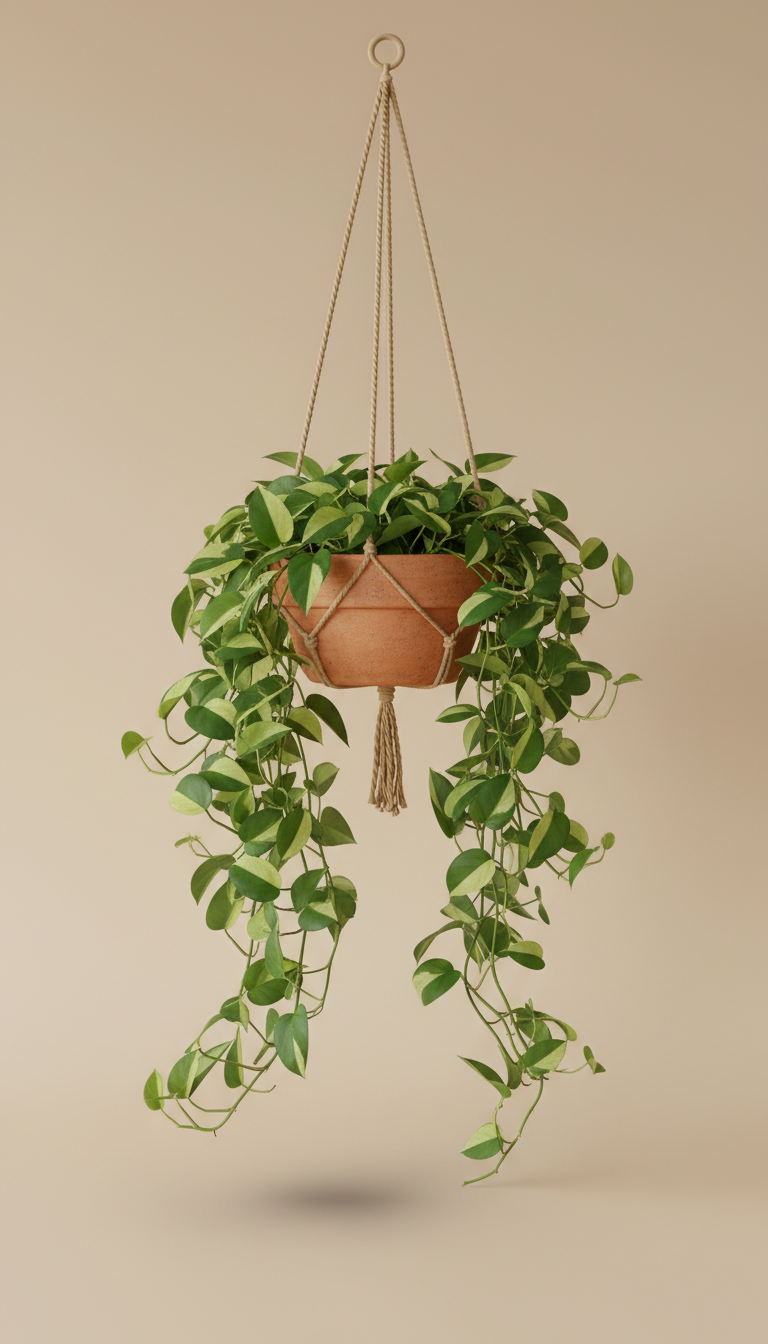 Terracotta hanging planter with trailing pothos